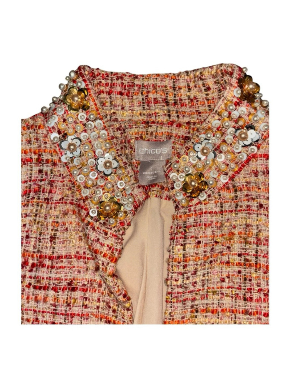 Chicos Tweed Open Blazer Jacket Size 1 Pink And Sequin Detail - Picture 3 of 7
